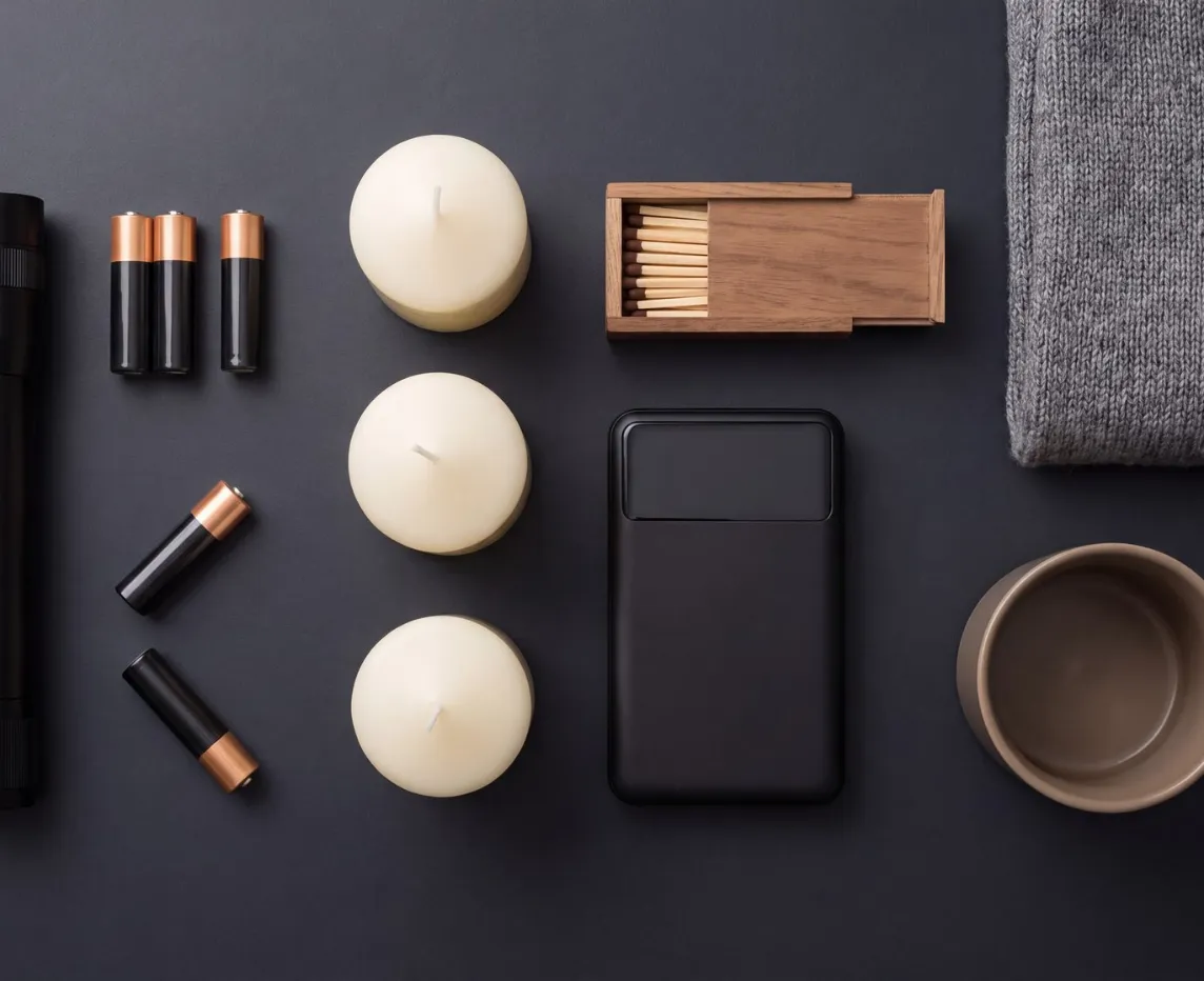 Dunkles Stillleben mit Kerzen, Taschenlampe, Batterien und Streichhölzern